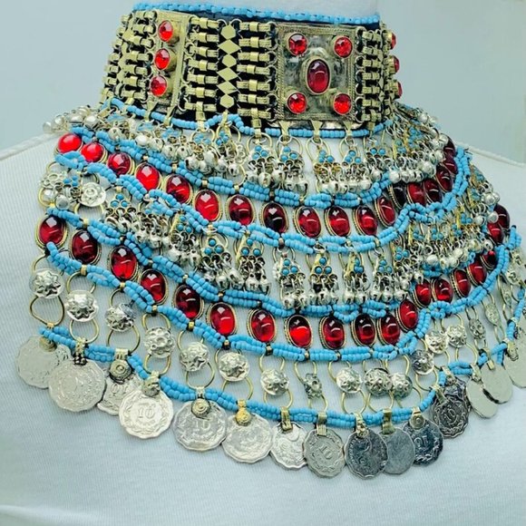 Afghan Choker Necklace, Tribal Kuchi Layered Necklace With Red Glass Stones - Picture 5 of 10
